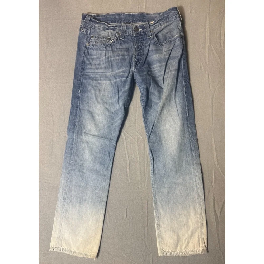 True Religion World Tour Geno Men 36 Blue Ombre Faded Distressed Jeans